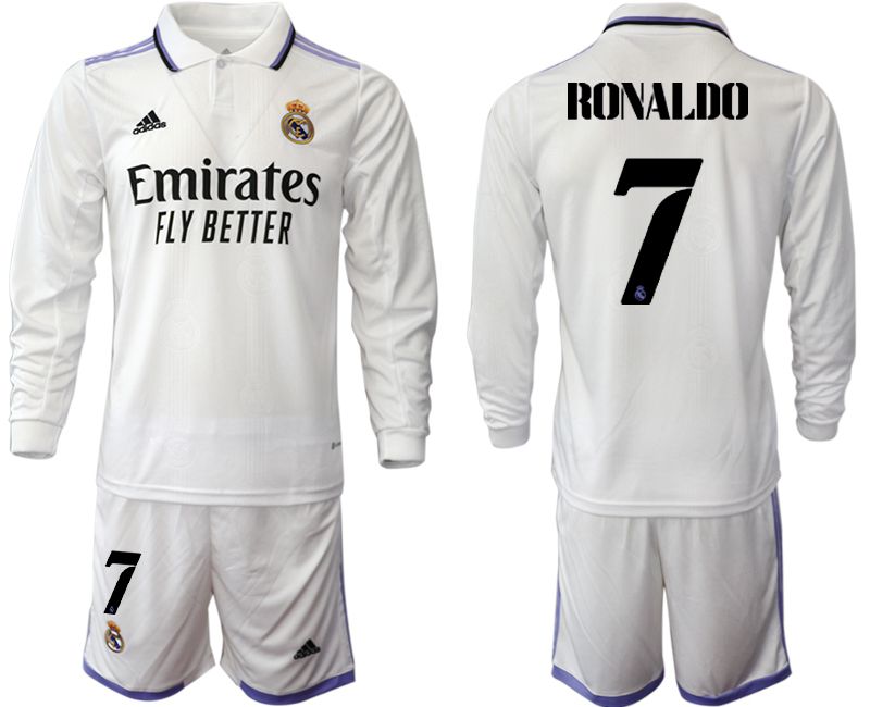 Men 2022-2023 Club Real Madrid home long sleeve white 7 Soccer Jersey